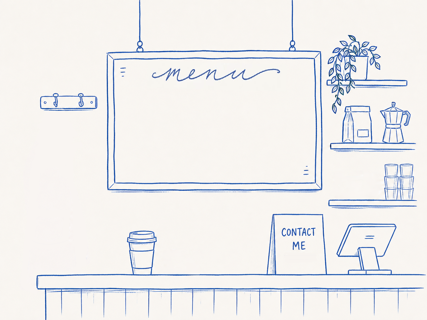 Café illustration with menu, apron, and contact sign